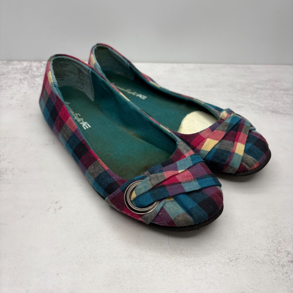 VTG Y2K American Eagle Ballet Flats 6.5 Multicolor Plaid Slip On Casual Preppy